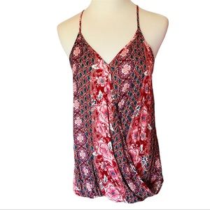 Pink Rose floral V neck draped tank top. Size S